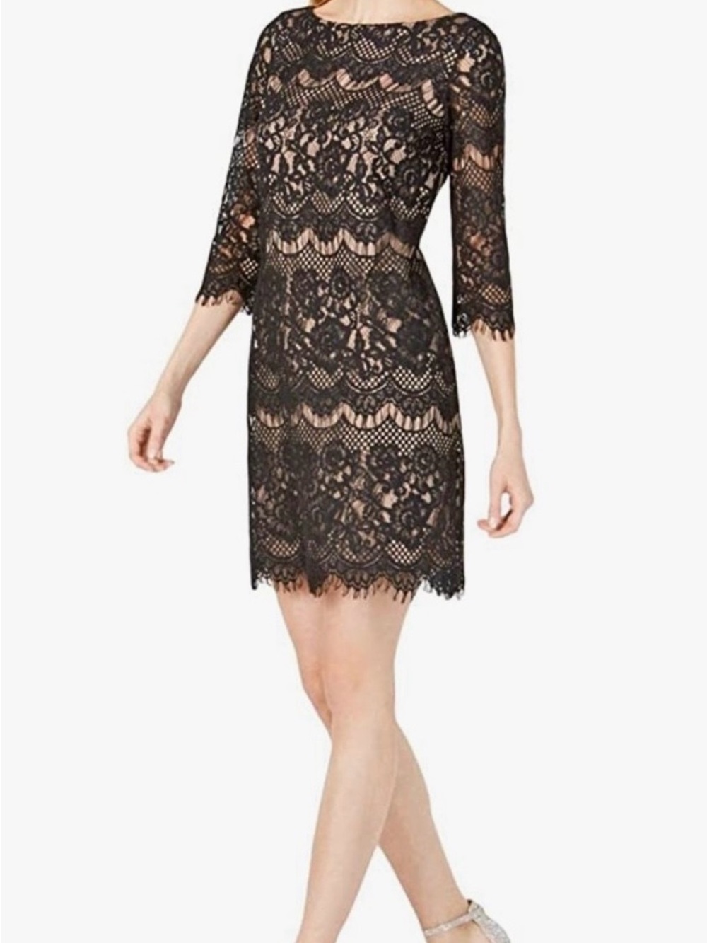 Jessica Howard black lace sleeve shift dress Size 14P NWT High neck 3/4 sleeves